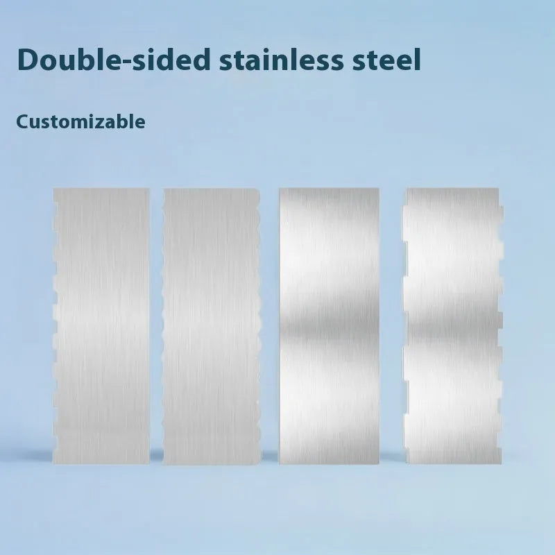 Stainless steel cake scraper with a polygon-patterned edge for textured icing.