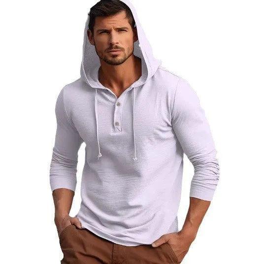 Man wearing a dark blue cotton pullover hoodie top with long sleeves, showing loose casual fit.
