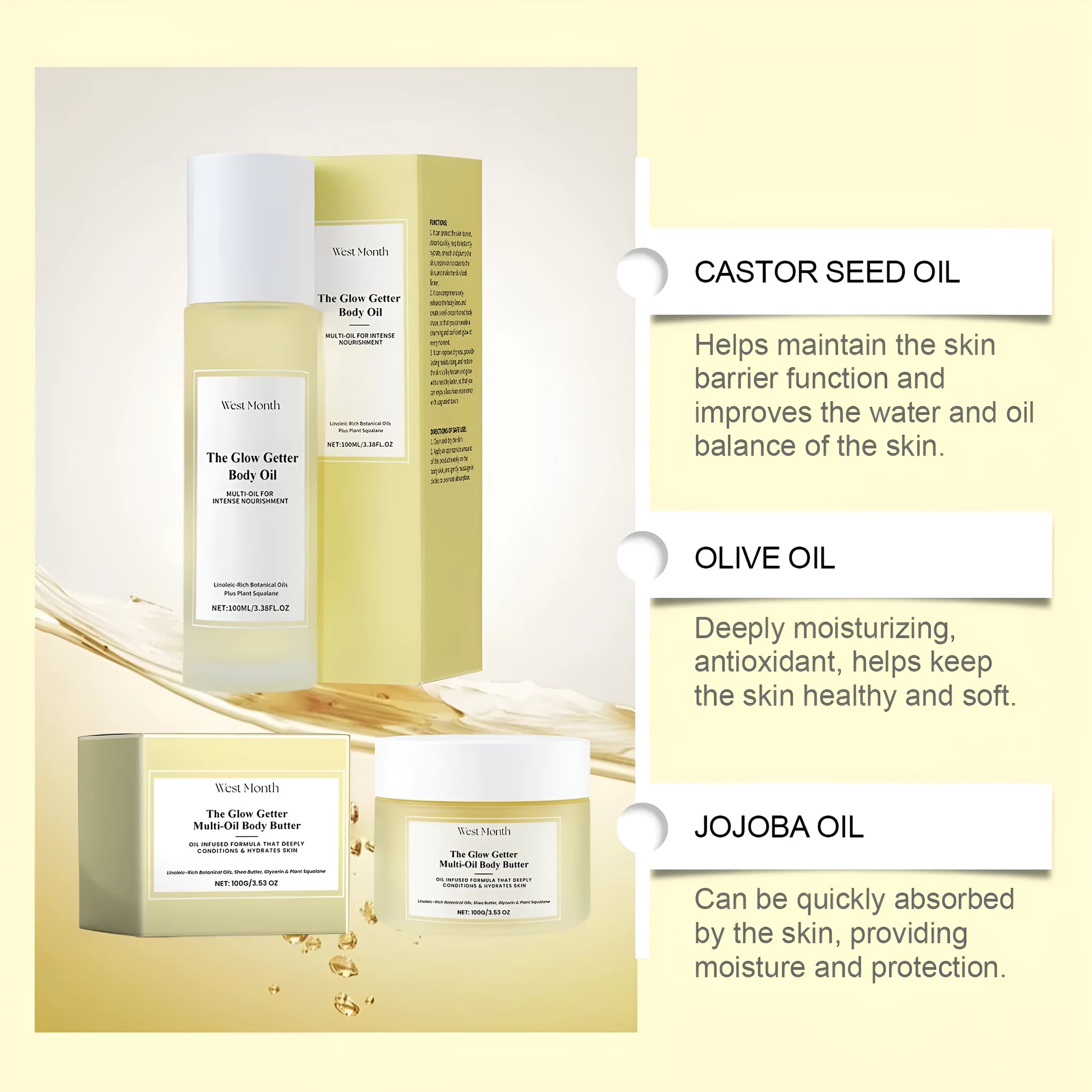 Skin care kit with 100ml nourishing oil and 100g firming cream for body application