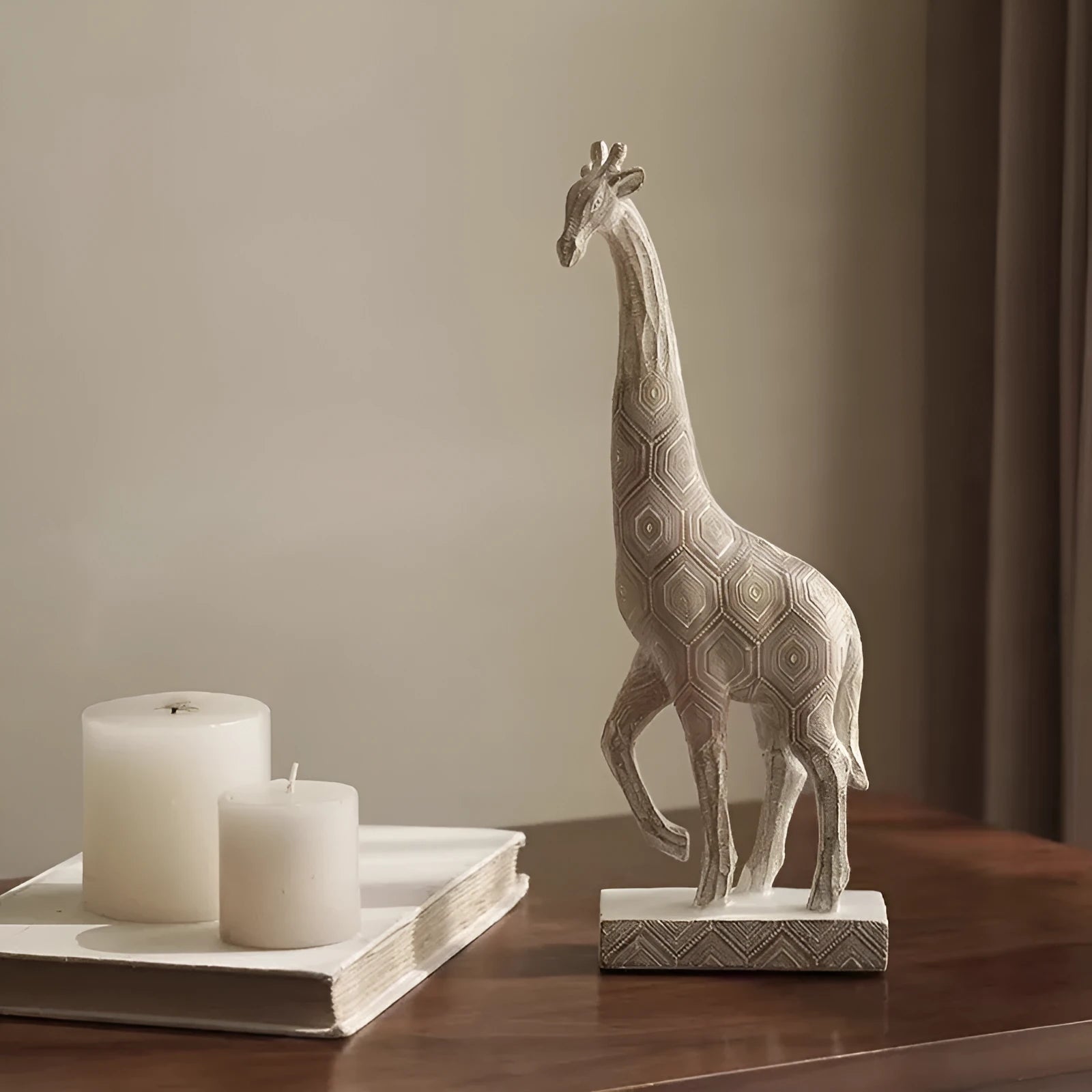 Wood colour giraffe-shaped resin ornament on a shelf, showing European style design.