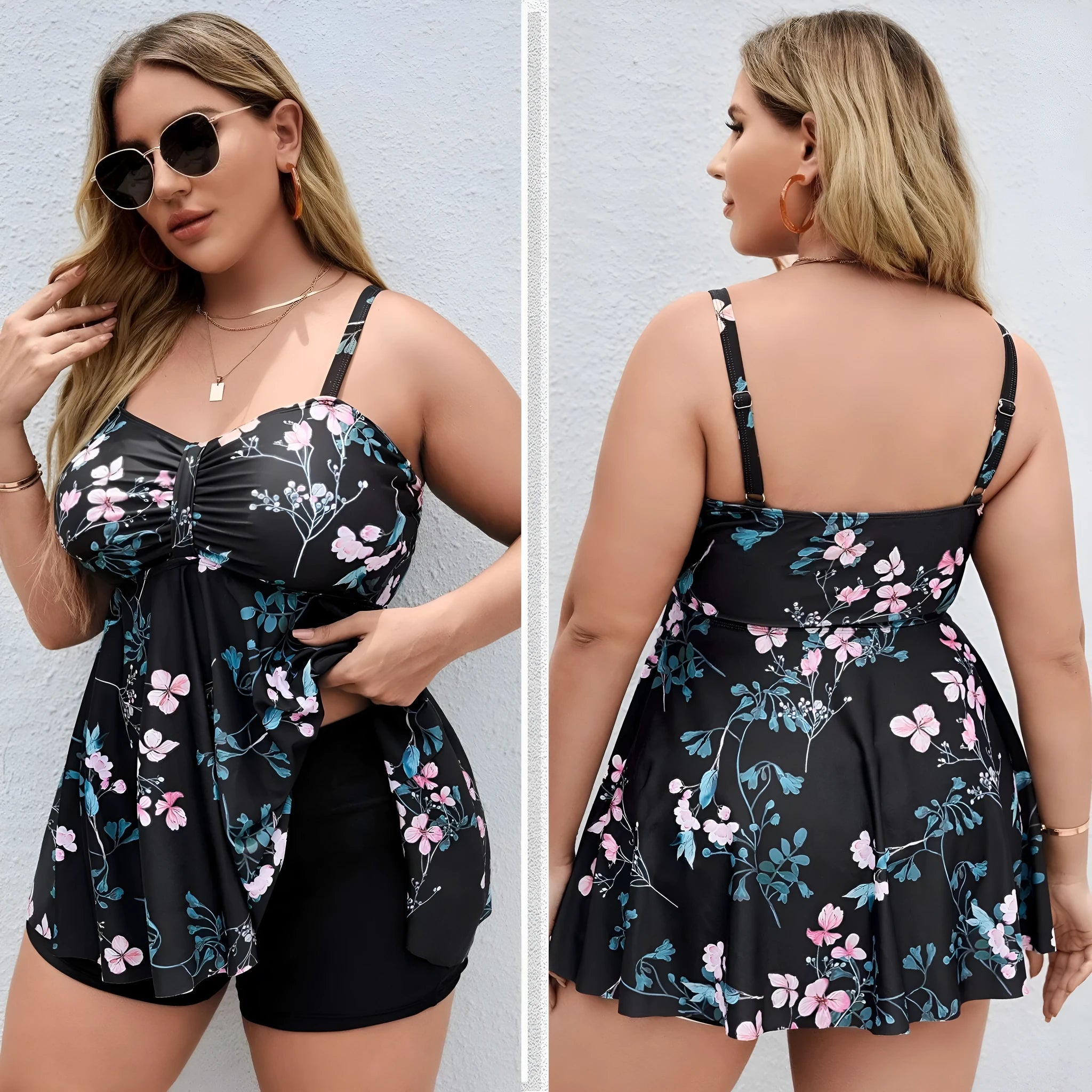 Women's floral print one-piece swimsuit on a hanger, showing split colour design and stretchy polyester fabric for plus sizes.