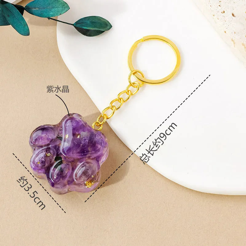 Natural crystal cat's paw keychain pendant in choice of ten stone colours including amethyst and turquoise.