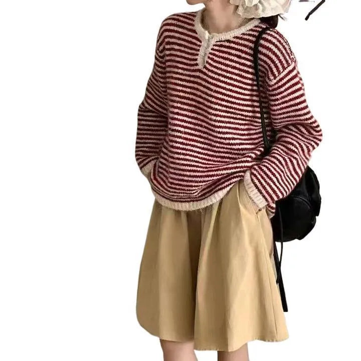 Women's striped cashmere pullover sweater in blue with plaid pattern details