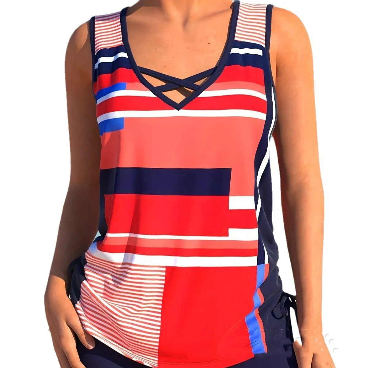 Women's two-piece swimsuit set with a top and split boxer shorts in a printed or solid colour.