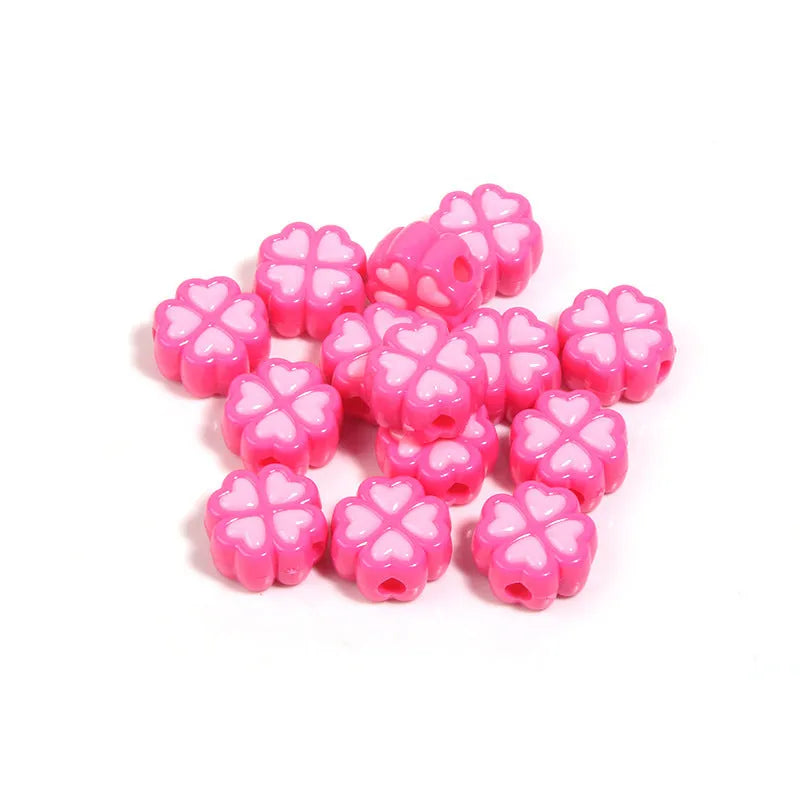 15mm frosted acrylic love clover beads in mixed colours: rose red, pink, yellow, green, blue, purple.