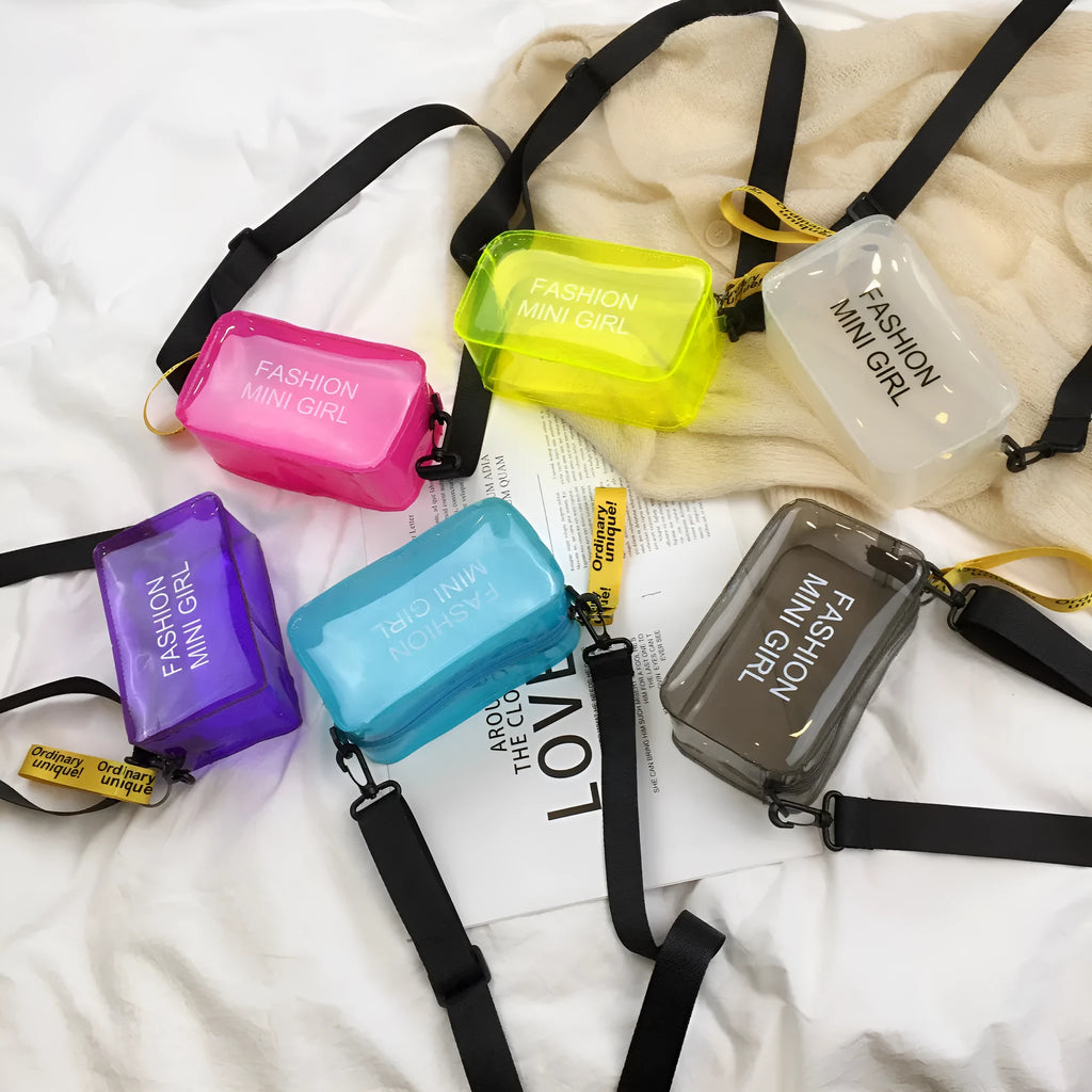 Transparent square jelly shoulder bag with adjustable strap showing internal mobile phone compartment