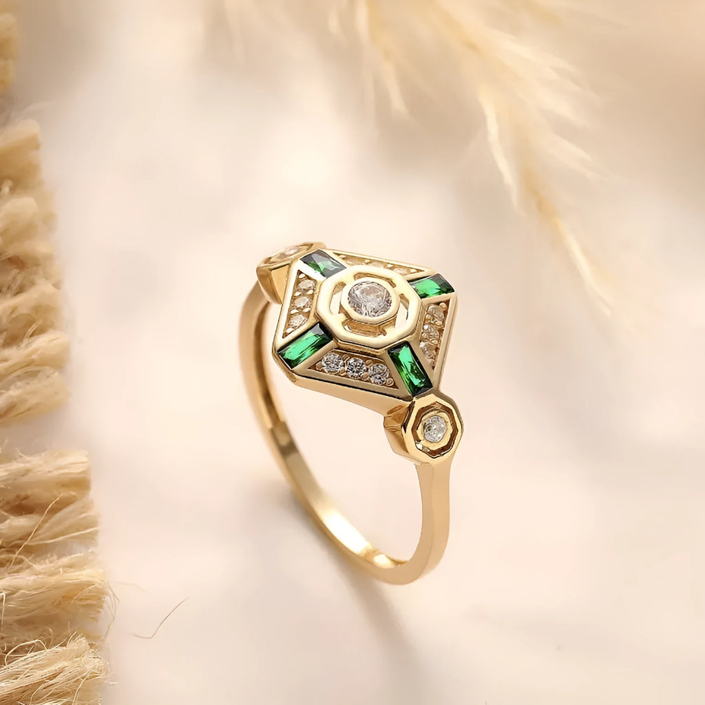 Women's emerald diamond square ring with gem setting and electroplating finish in green colour