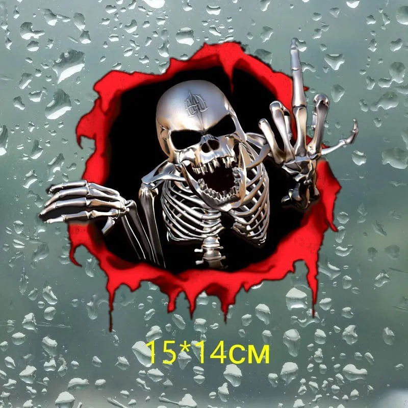Colourful reflective metal skull design printed on a 15cm by 14cm car bumper sticker.