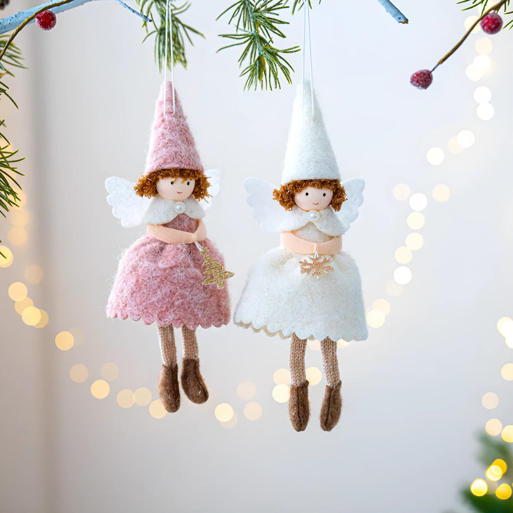 White and pink cloth Christmas angel skirt felt pendant with plush decoration hanging ornament