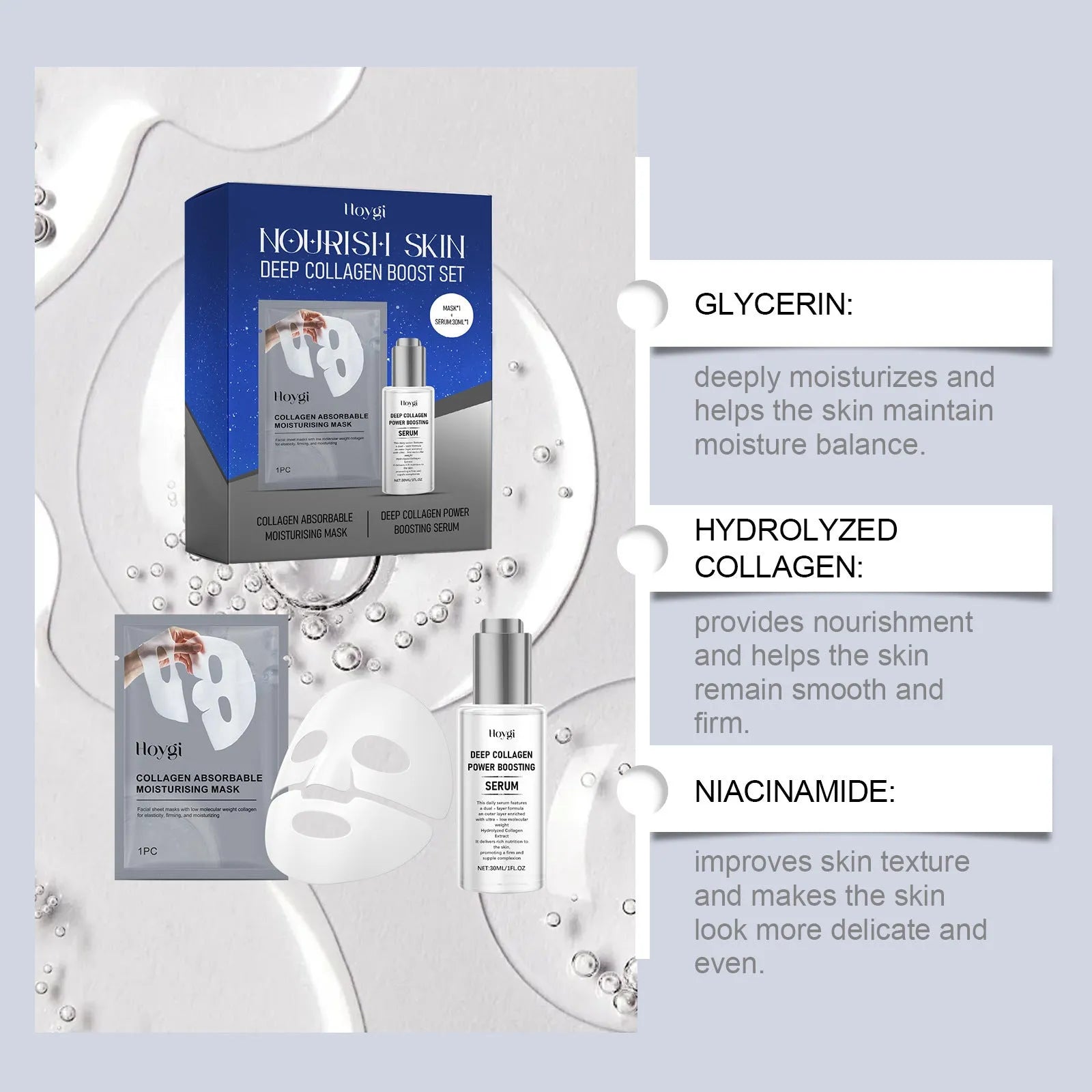 Collagen moisturising skincare set with a facial mask and a 30ML bottle of essence serum.