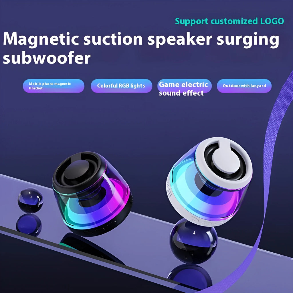 Portable Bluetooth speaker with ambient lighting and magnetic base in black or white colour