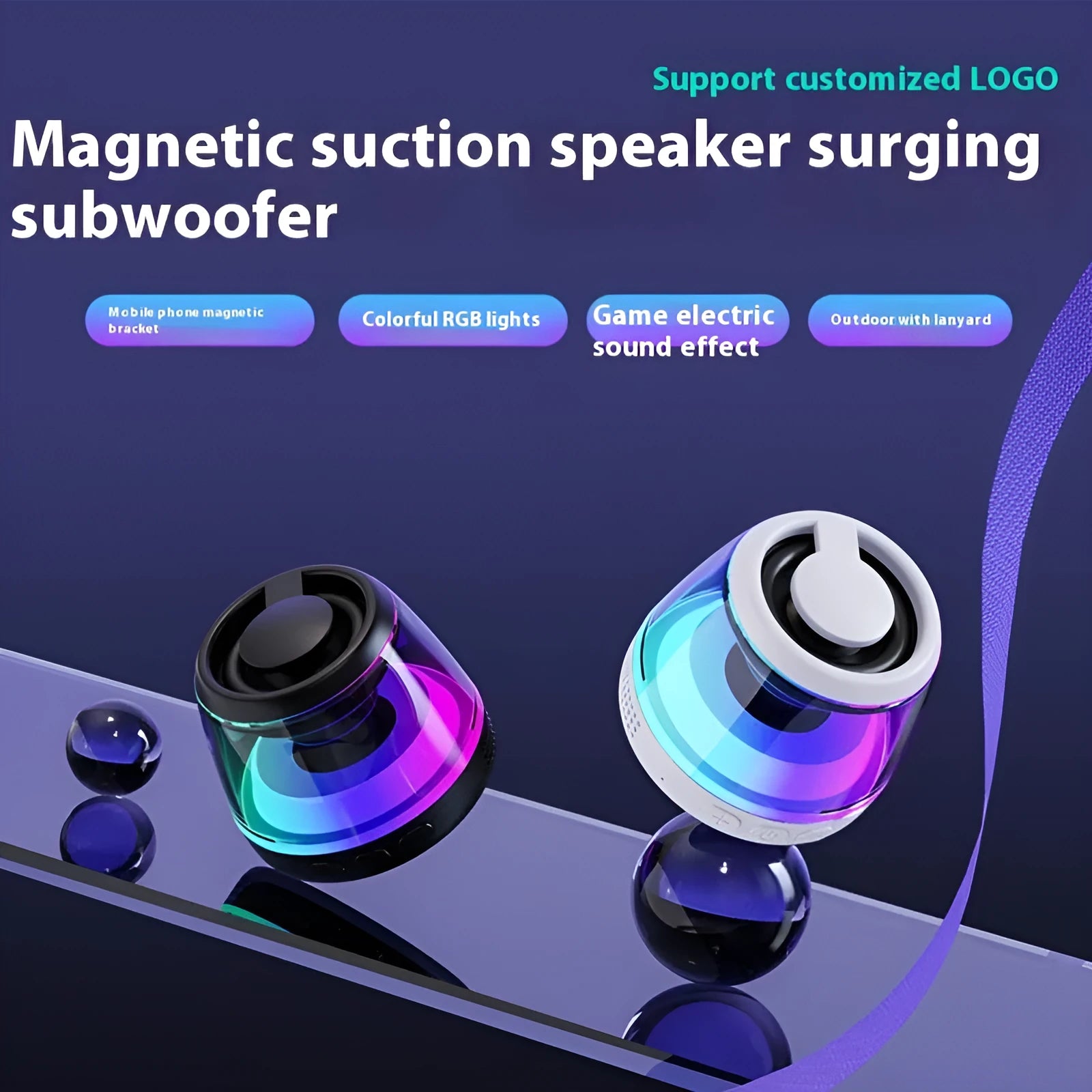 Portable Bluetooth speaker with ambient lighting and magnetic base in black or white colour