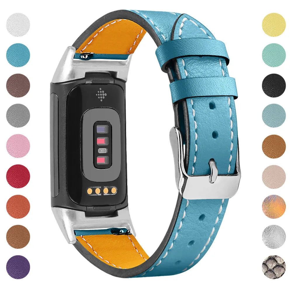 Genuine cowhide leather strap for Fitbit Charge 5 smartwatch in various colours