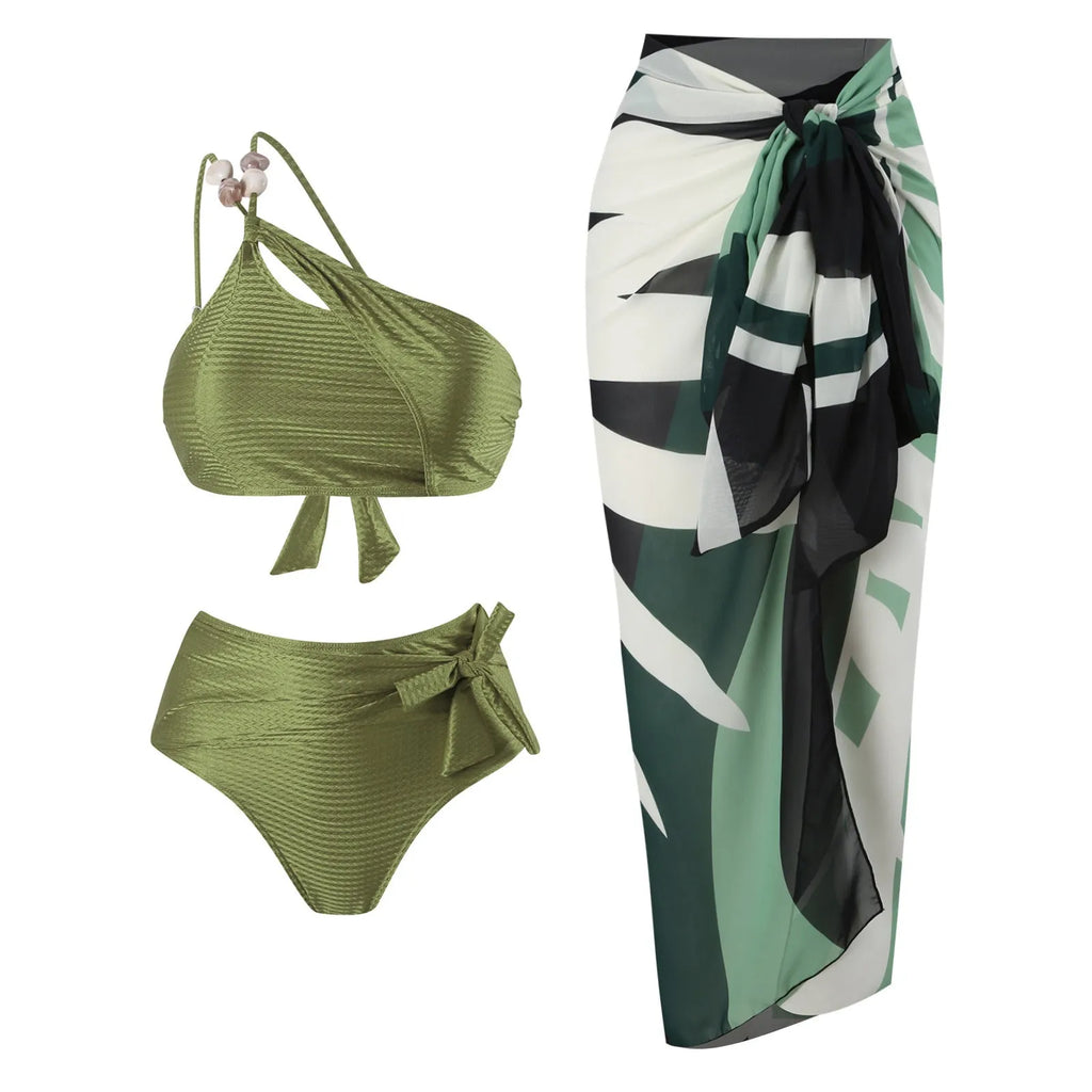 Women's push up high waist bikini swimsuit with chiffon dress cover-up in three colour options