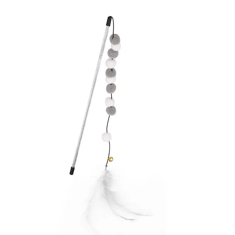 31cm long cat teaser rod with pompon feather and bell attachments in multiple colour options