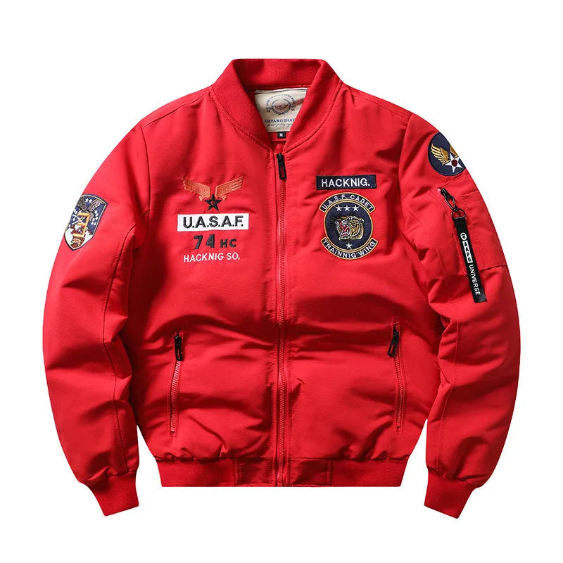 Men's slim-fit black retro Harley Davidson cotton padded coat with stand collar and embroidery.
