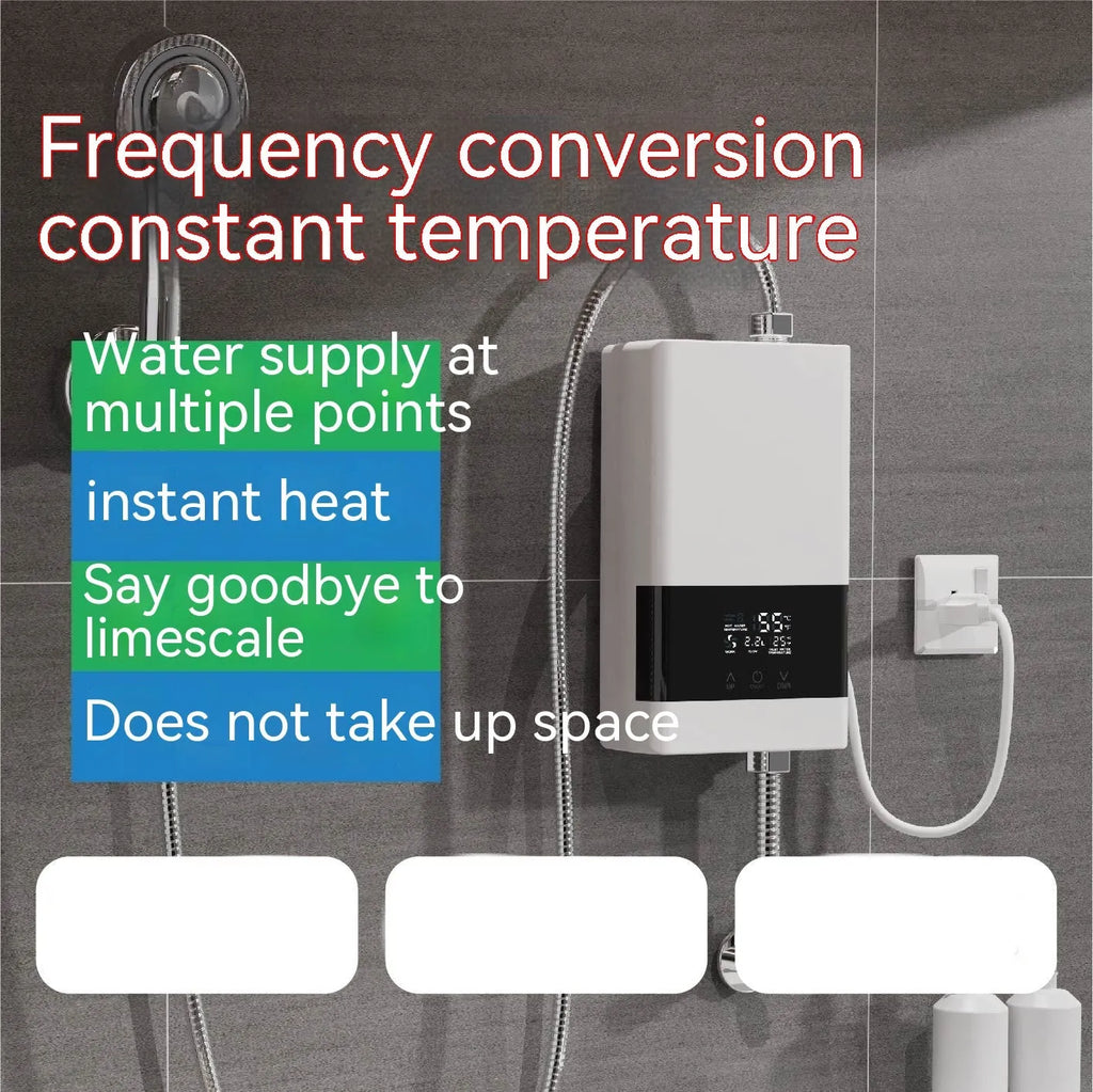 Small household quick-heating water heater with LED touch screen display in gold, silver, or white finish