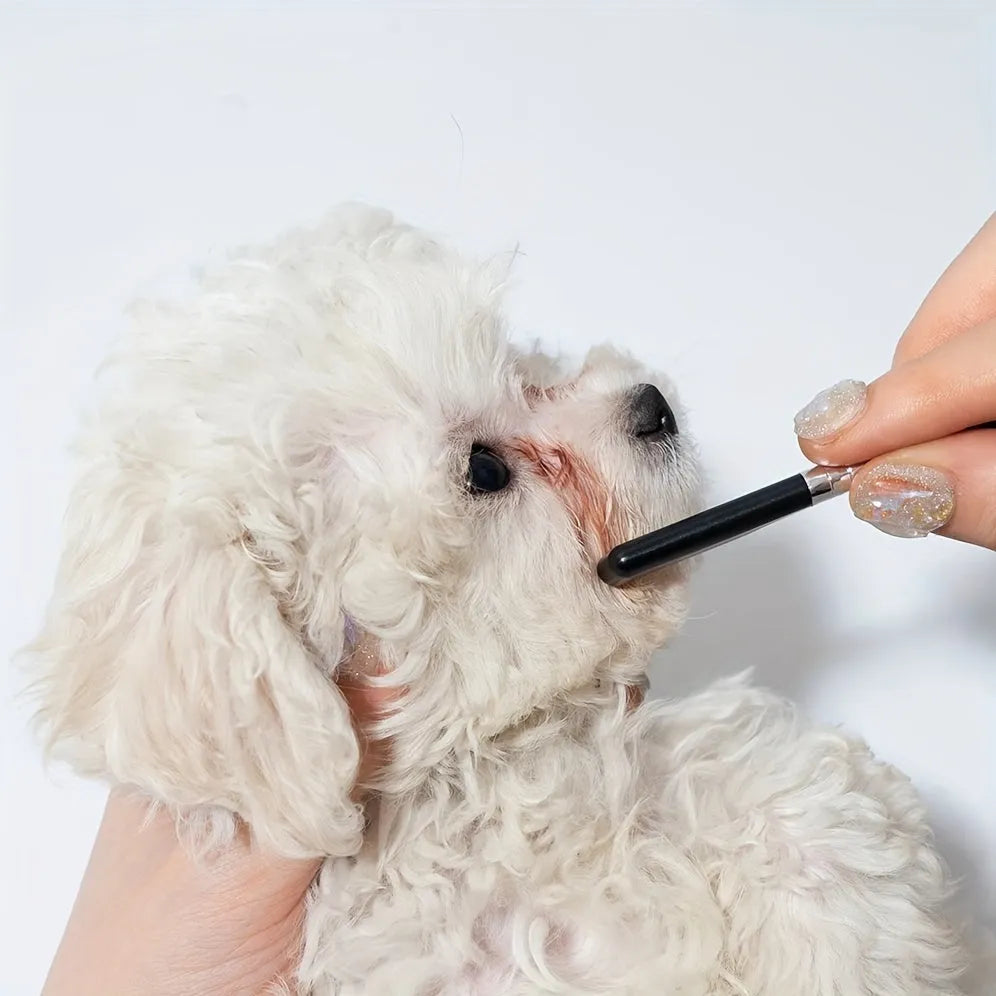 Black pet grooming brush with soft bristles and a comb for gentle eye cleaning on dogs and cats.