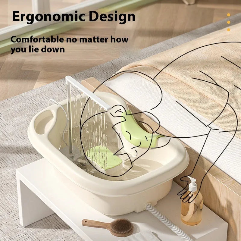 Portable plastic shampoo basin with circulating water pump and neck pillow for washing hair while lying in bed
