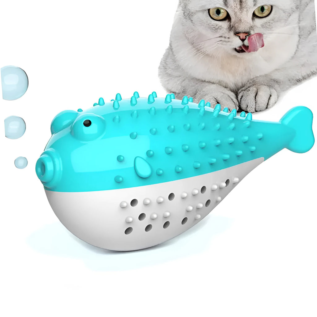 Silicone mint-scented fish shaped cat chew toy in blue green pink or yellow for dental cleaning