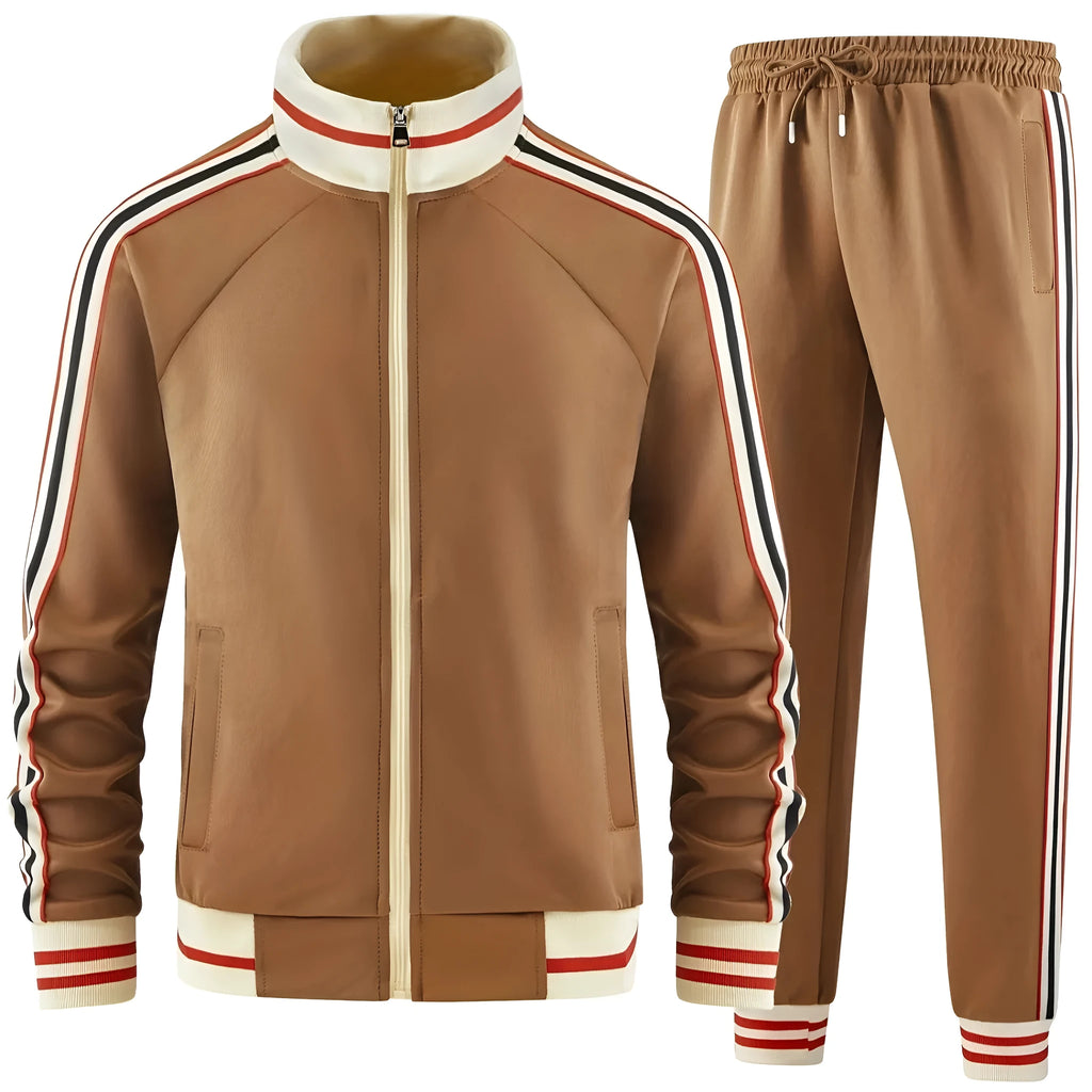 Man wearing a khaki turtleneck zipper cardigan and matching trousers from a casual polyester suit set.
