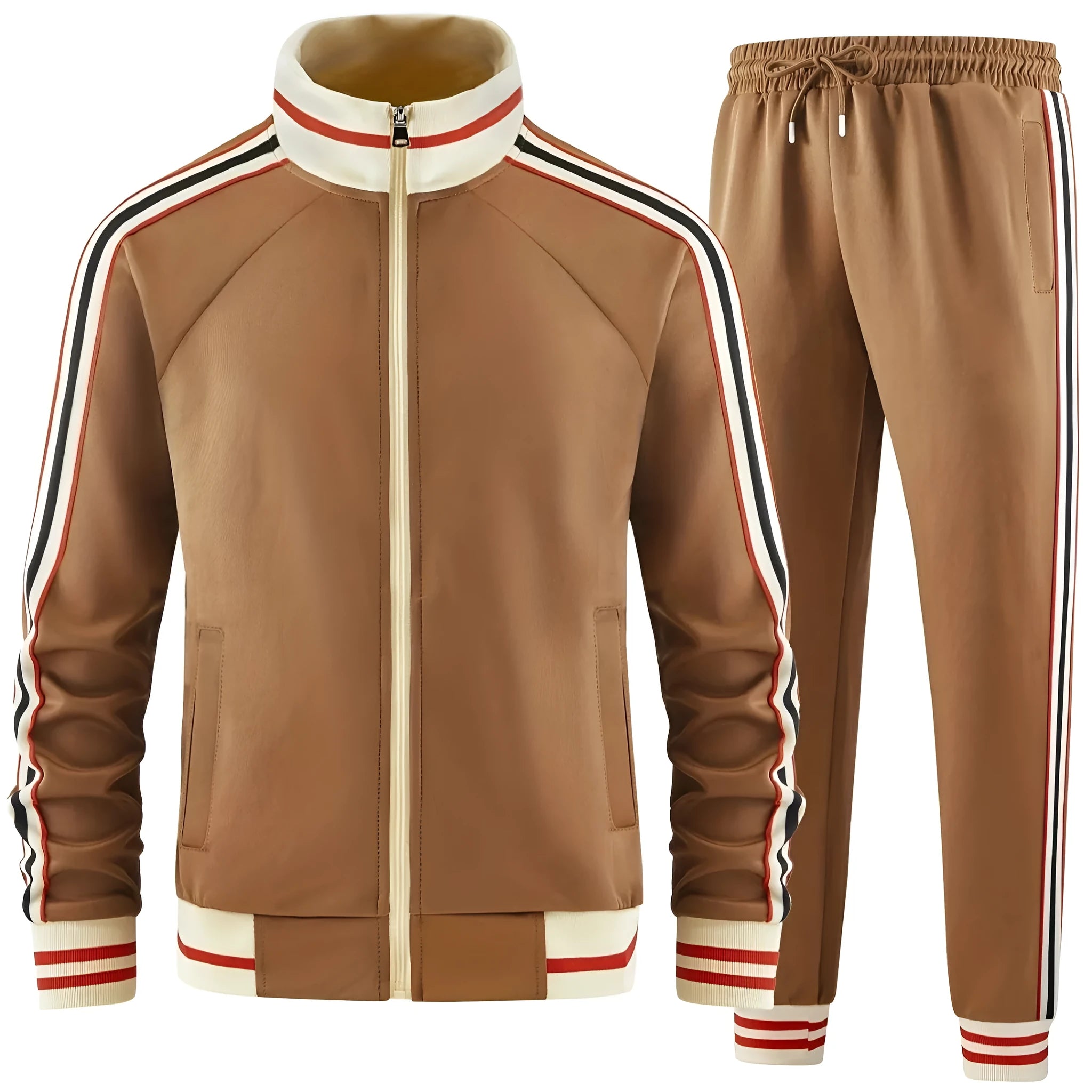 Man wearing a khaki turtleneck zipper cardigan and matching trousers from a casual polyester suit set.