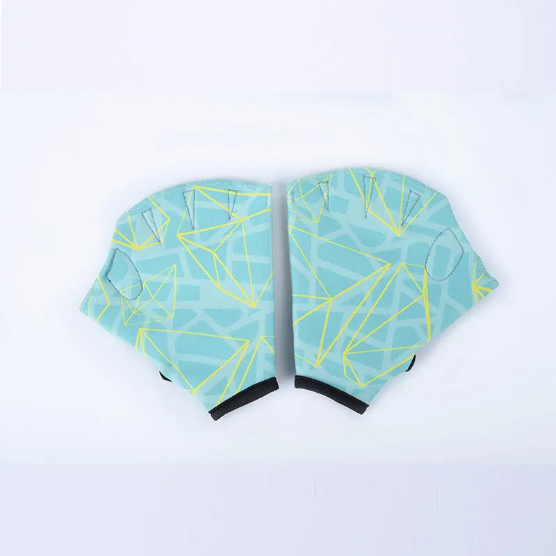 Duck feet webbed swimming gloves in multiple colour prints including green, rose, navy blue, orange, and grey orange.