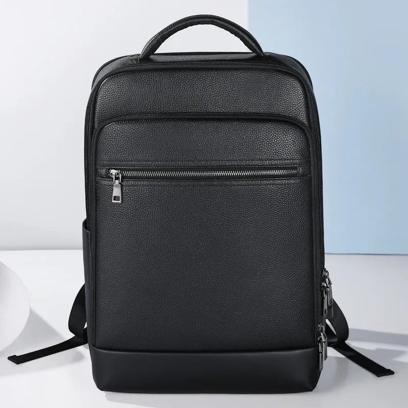 Black leather men's business computer backpack with curved shoulder straps