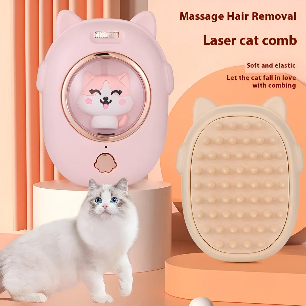 Pink and yellow ABS plastic pet comb with integrated laser pointer for cats and dogs.