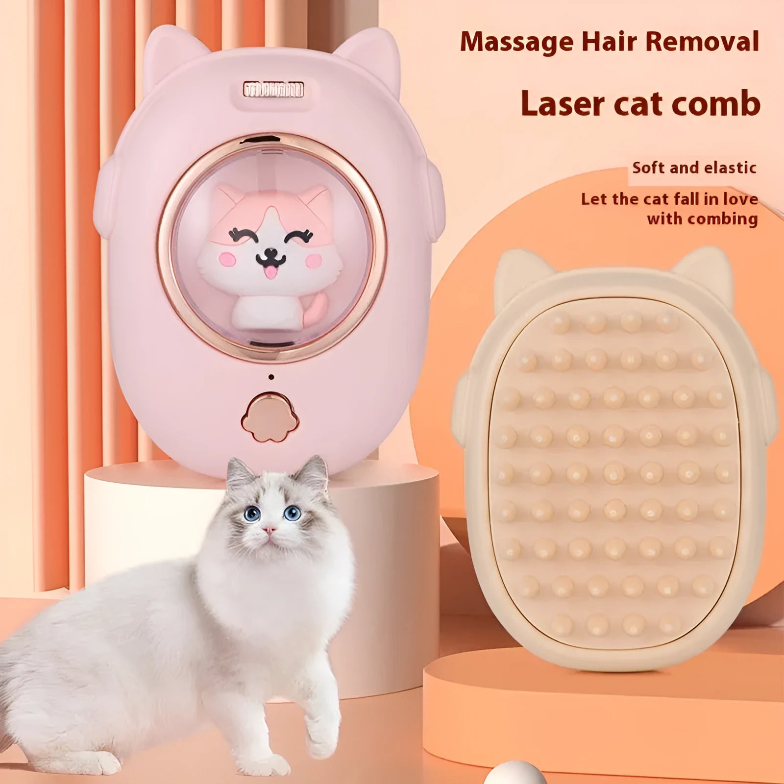 Pink and yellow ABS plastic pet comb with integrated laser pointer for cats and dogs.