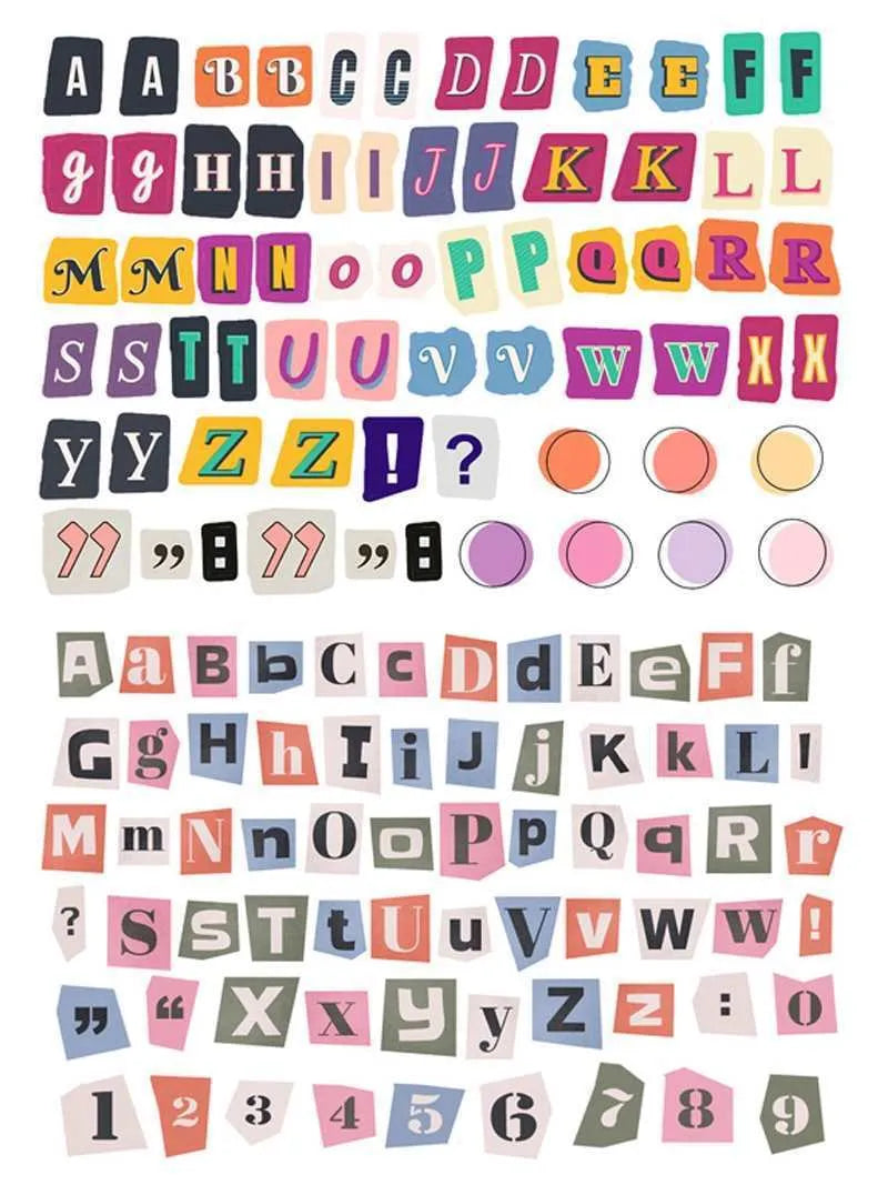 Set of cute style printed stickers featuring English letters, numbers, symbols, and weekday words for decoration and labelling.