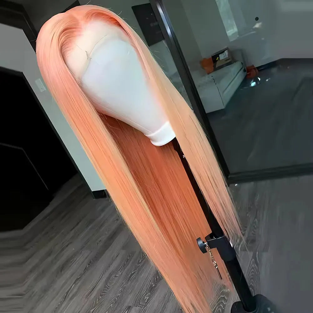 Light orange long straight synthetic wig with front lace and side bangs on a mannequin head.