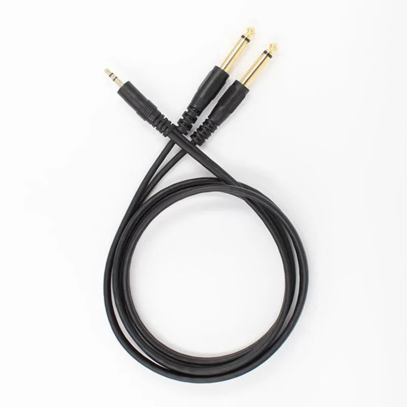 3.5mm stereo plug to two 6.35mm plug audio cable on a grey background