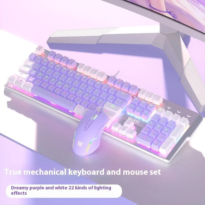 Purple mechanical keyboard and mouse gaming set with backlight and matching headphones
