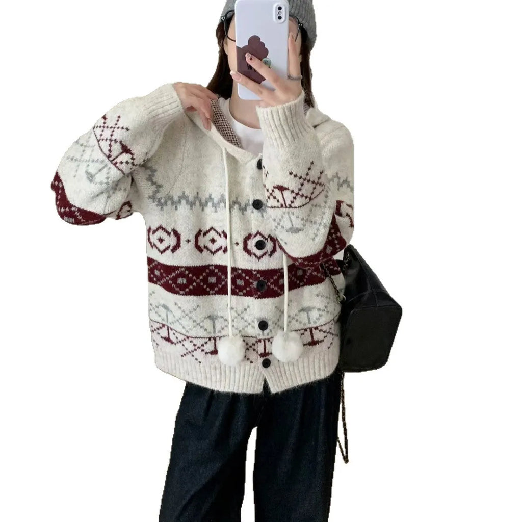 Plus size women's geometric brocade sweater coat in loose free size fit.