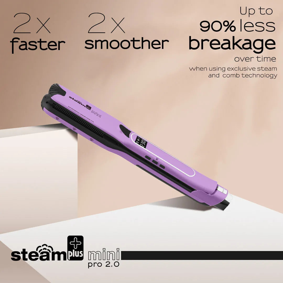 Mini steam hair straightener and curling iron in champagne, purple or rose red colour