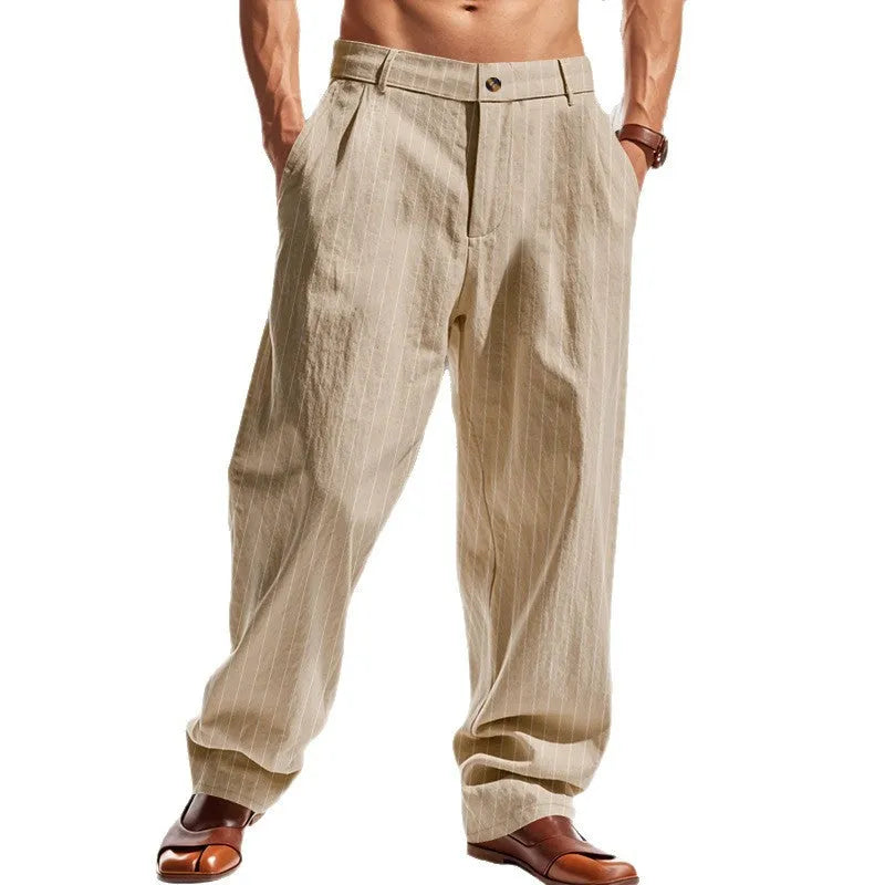 Men's linen striped high waist wide leg pants in light khaki colour, loose fit, button fly