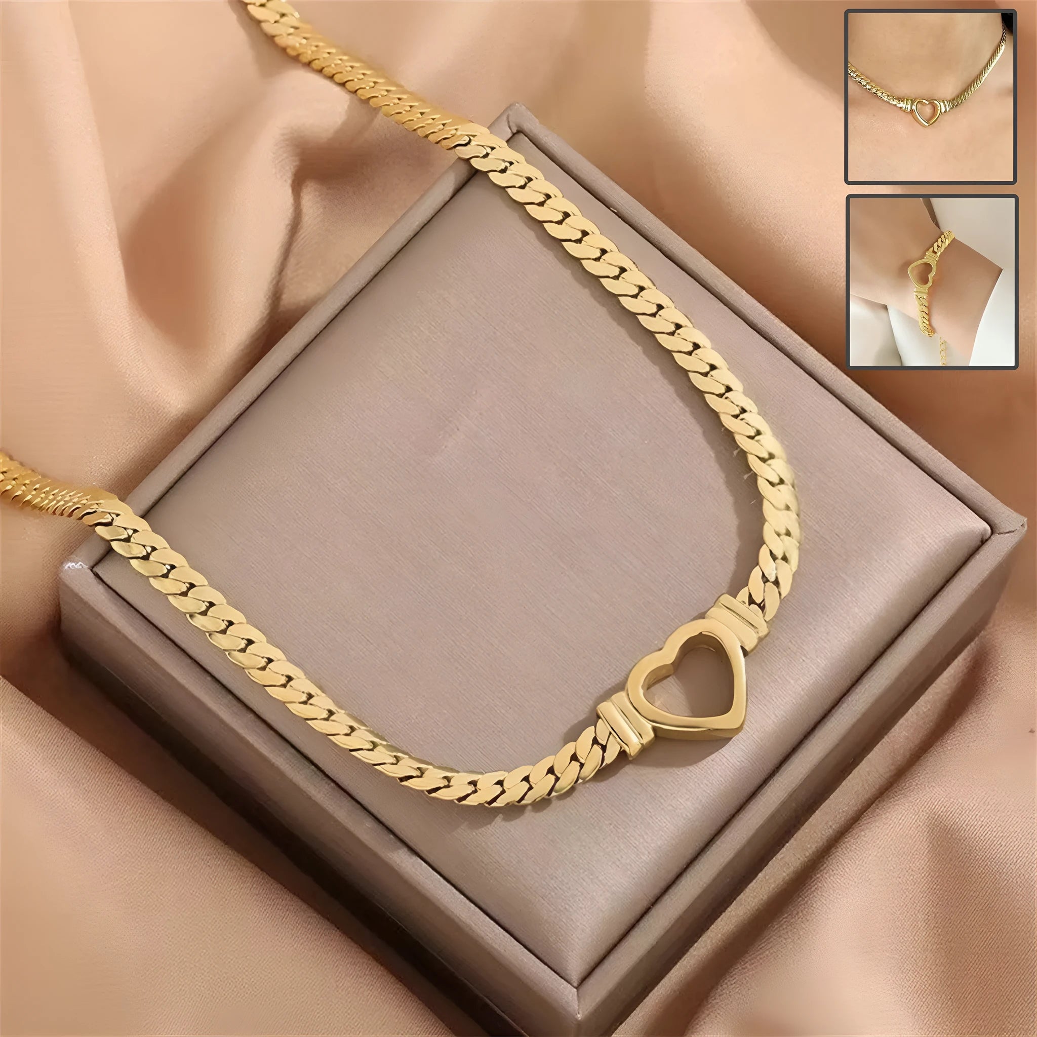 Gold personalised love chain necklace bracelet set with heart pendant on Cuban chain