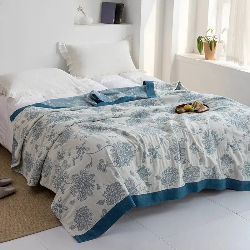Pure cotton five-layer gauze bedspread blanket with Roulette Wheel Blue reactive print in modern simplicity style.