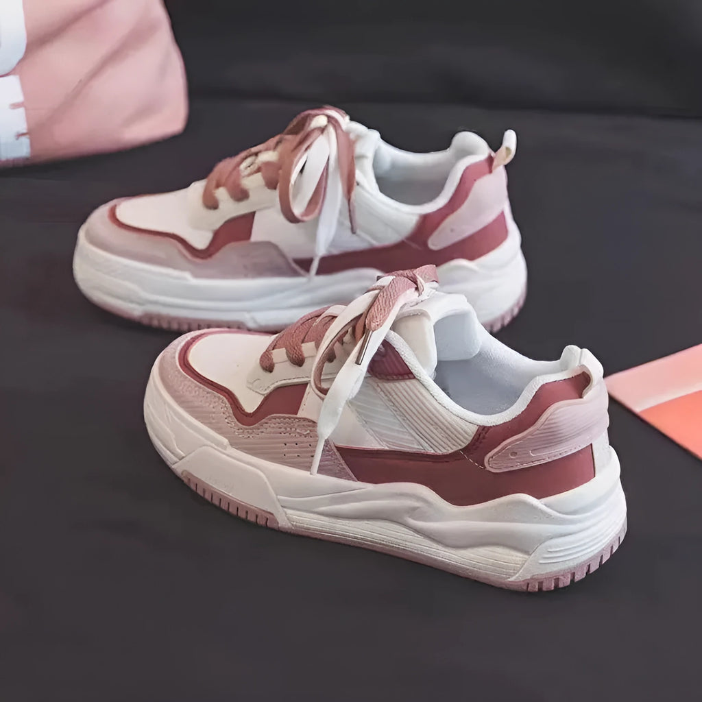 Beige and pink women's low-top rubber sneakers with a hidden height increase sole.