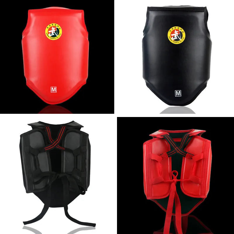 Red boxing helmet and chest protector set for martial arts training and competition