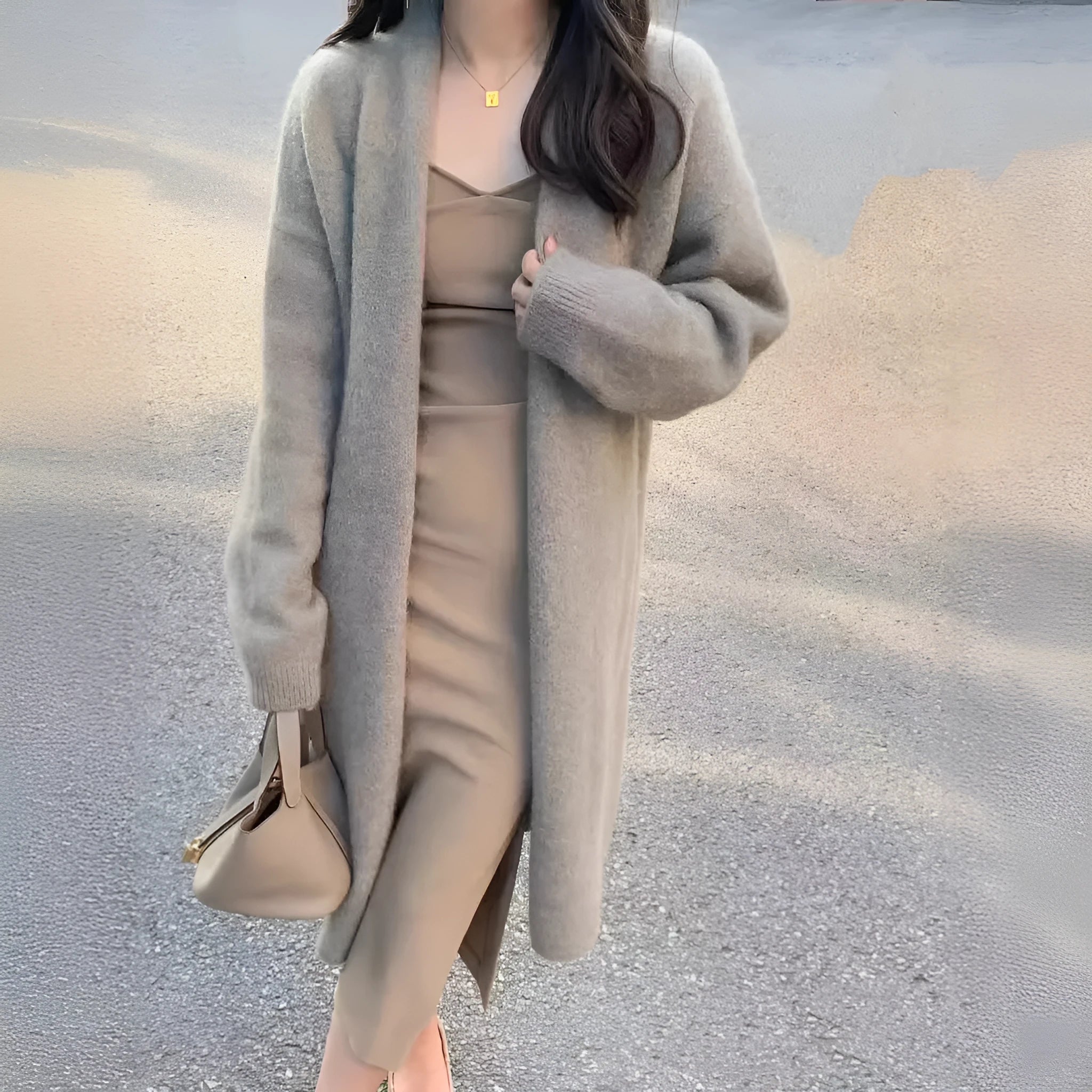 Women's loose-fit knitted cardigan with V-neck in khaki colour, showing mid-length 65cm design