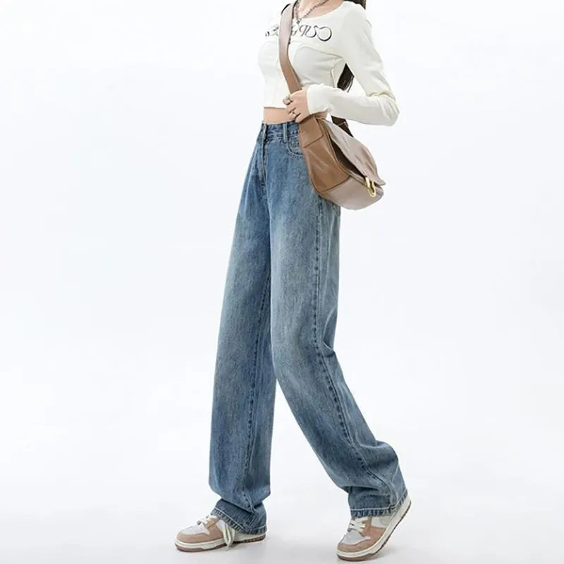 Women's retro blue wide leg jeans with high waist and straight leg design on hanger