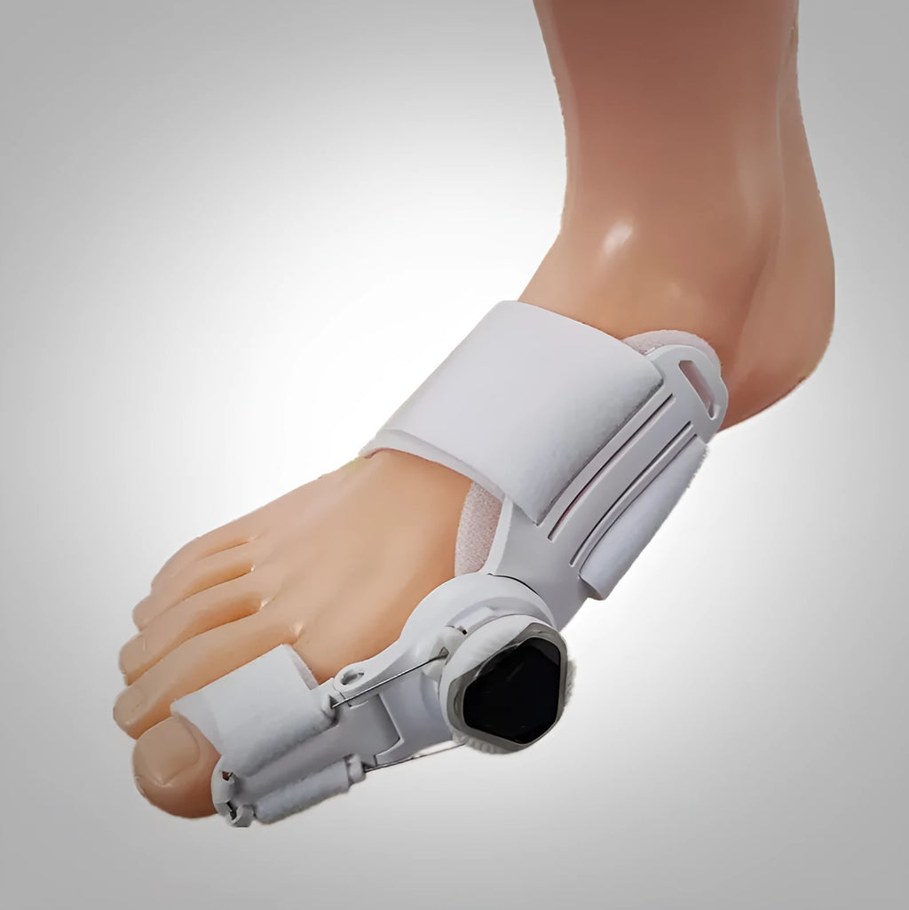 Adjustable hallux valgus splint with ABS frame and black buttons for big toe alignment