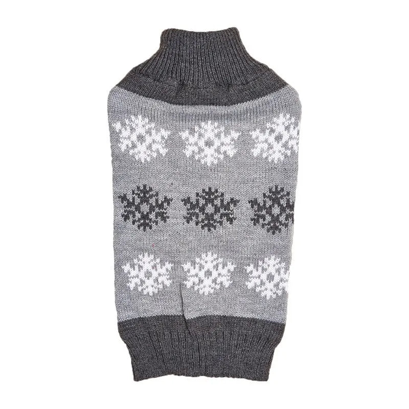 Brown and grey snowflake pattern dog Christmas sweater on pet mannequin showing acrylic knit texture