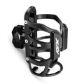 Black modified water bottle cage mounted on a Honda X-ADV scooter bumper for drink storage.