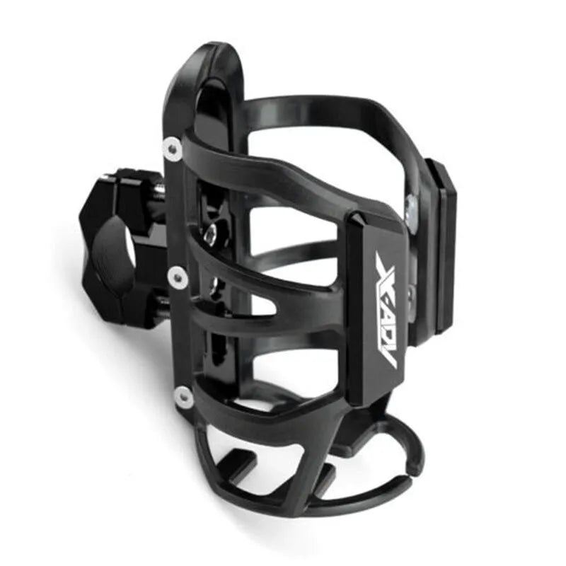 Black modified water bottle cage mounted on a Honda X-ADV scooter bumper for drink storage.