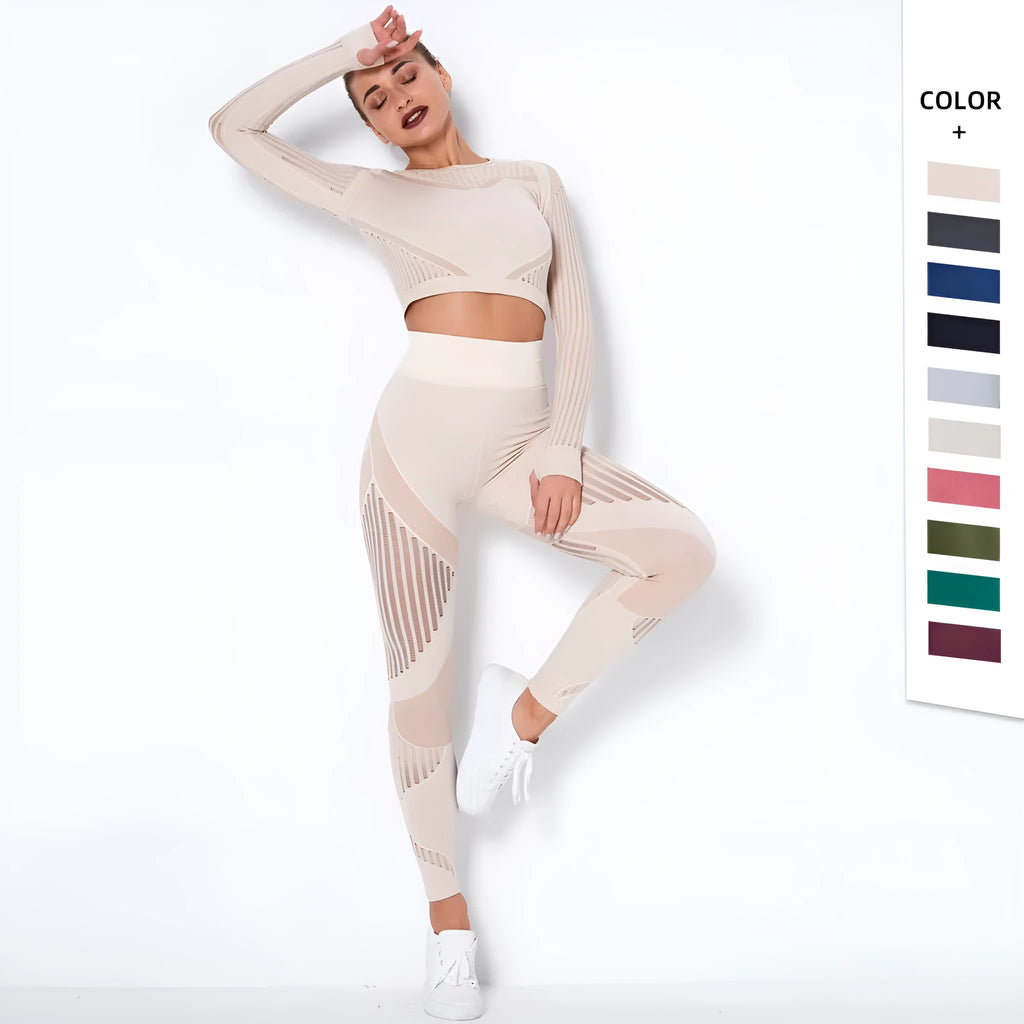 Women's seamless knitted long sleeve yoga wearsuit in a striped pattern, shown in a neutral colour.