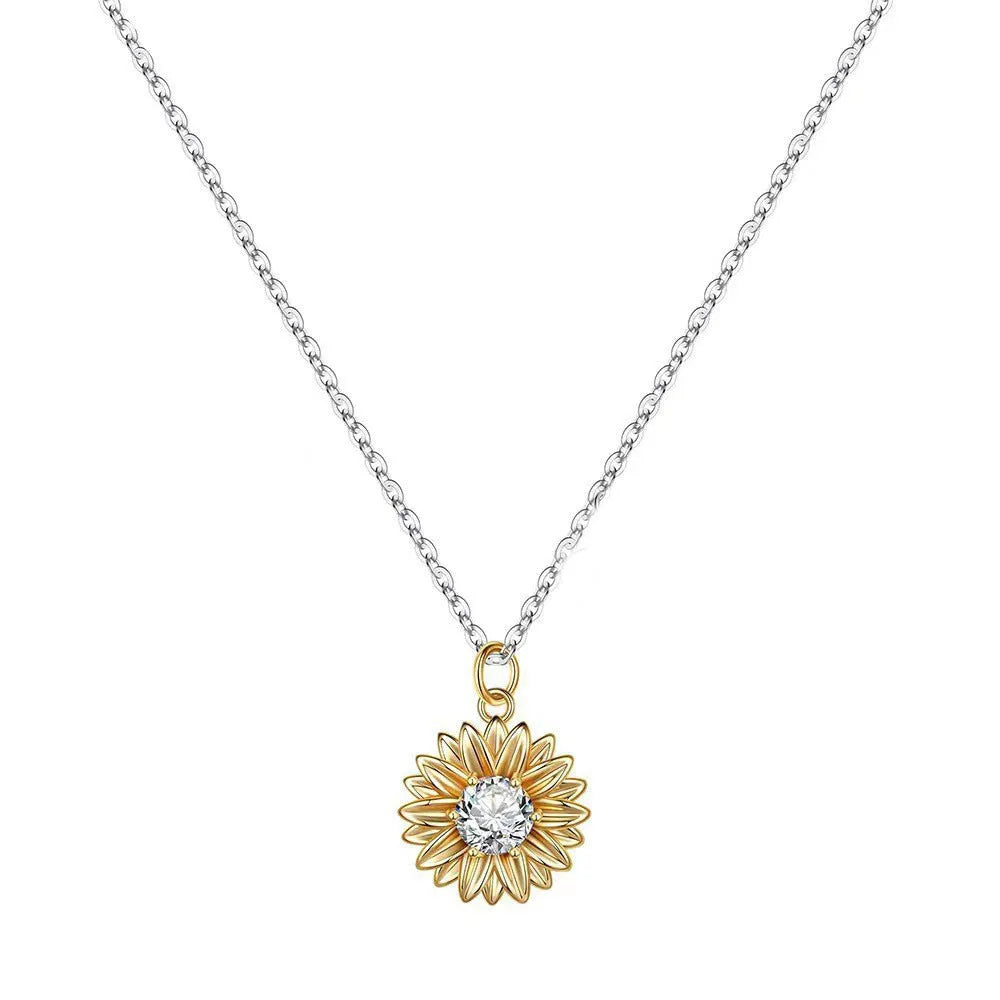 Women's sunflower pendant necklace in 925 silver with geometric daisy design and cross chain