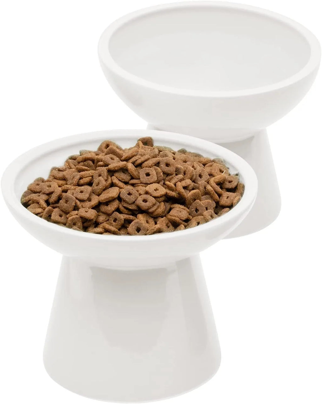 Blue ceramic elevated cat food bowl with wide shallow dish and raised base